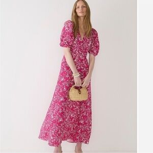 J. Crew Collection Midi Dress Drapey Floral Pink Puff Sleeve V Neck Size 16